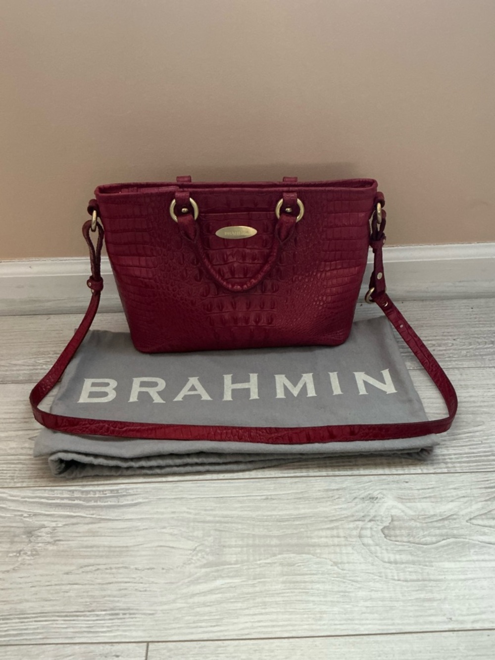 Brahmin Wine Croc-Embossed Leather Satchel with Shoulder Strap